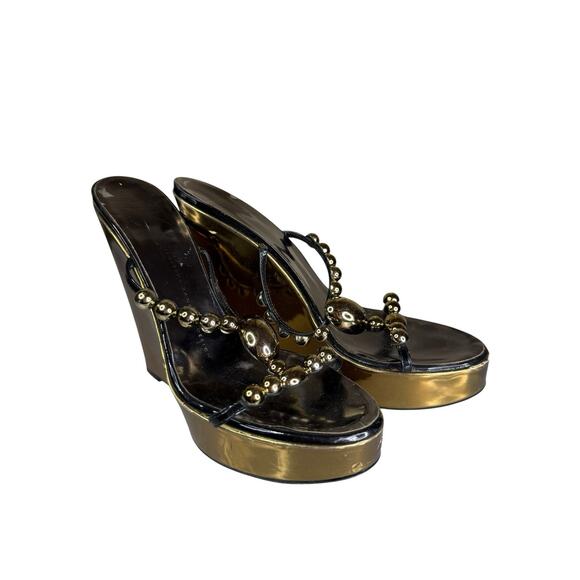 RARE VTG Giuseppe Zanotti Beaded Gold Black Wedge Sandals 37 Y2K Made in Italy - Picture 1 of 9